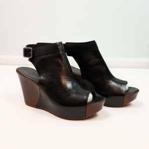 Kork-Ease Leather Wedges Sz 10M Black Brown Peep Toe Buckle Heels